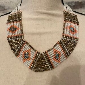 Handcrafted Beaded Necklace - White, Gold, and Orange